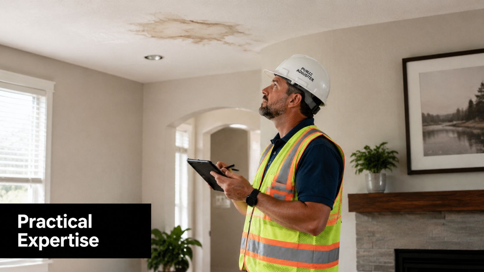 A professional public insurance adjuster inspecting a water stain on a residential ceiling while holding a tablet.