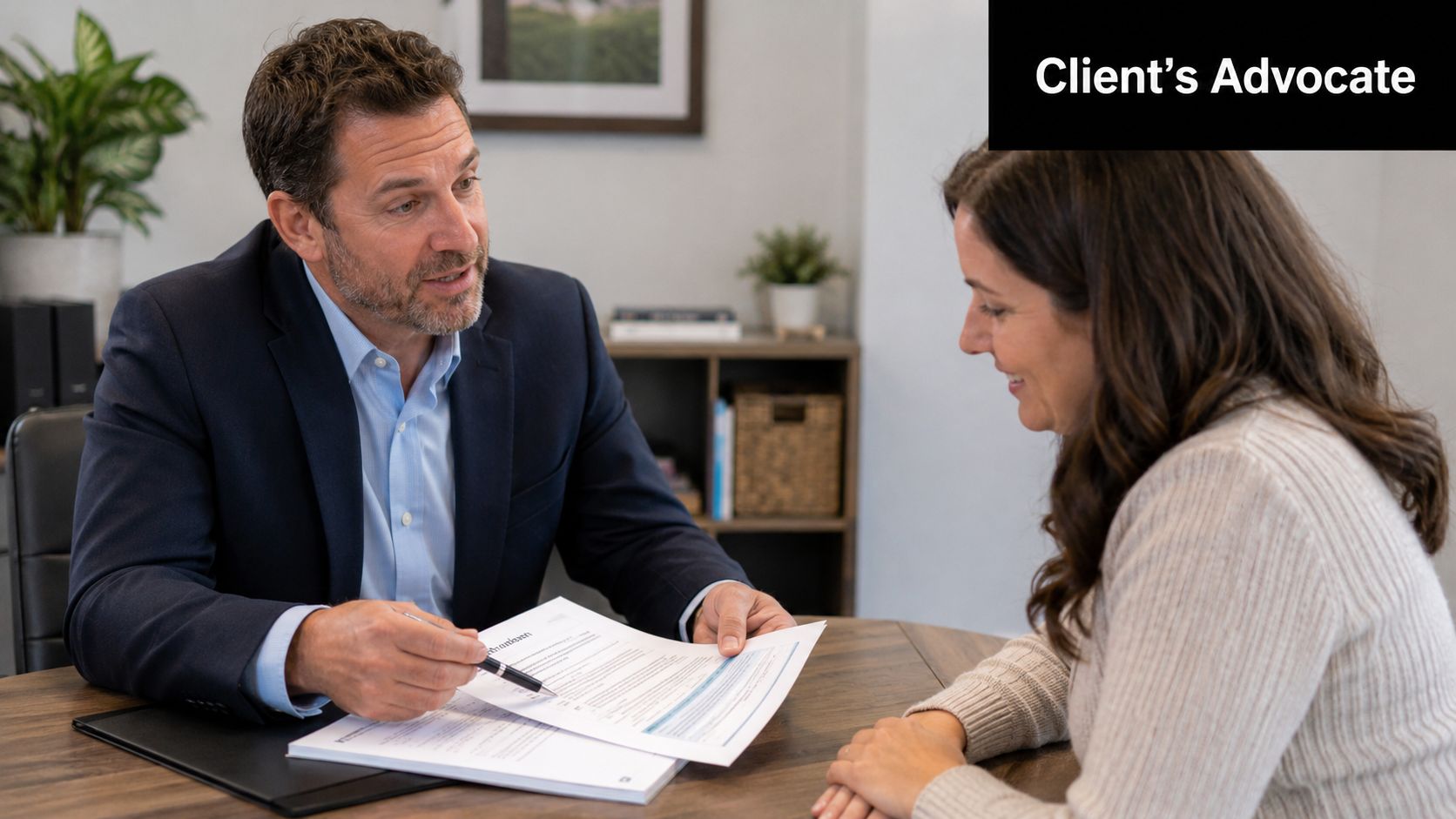 A professional insurance adjuster discussing legal documents with a client in an office setting.