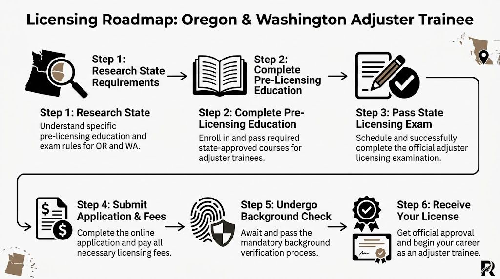 A flowchart showing the six-step licensing roadmap for becoming an insurance adjuster trainee in Oregon and Washington.