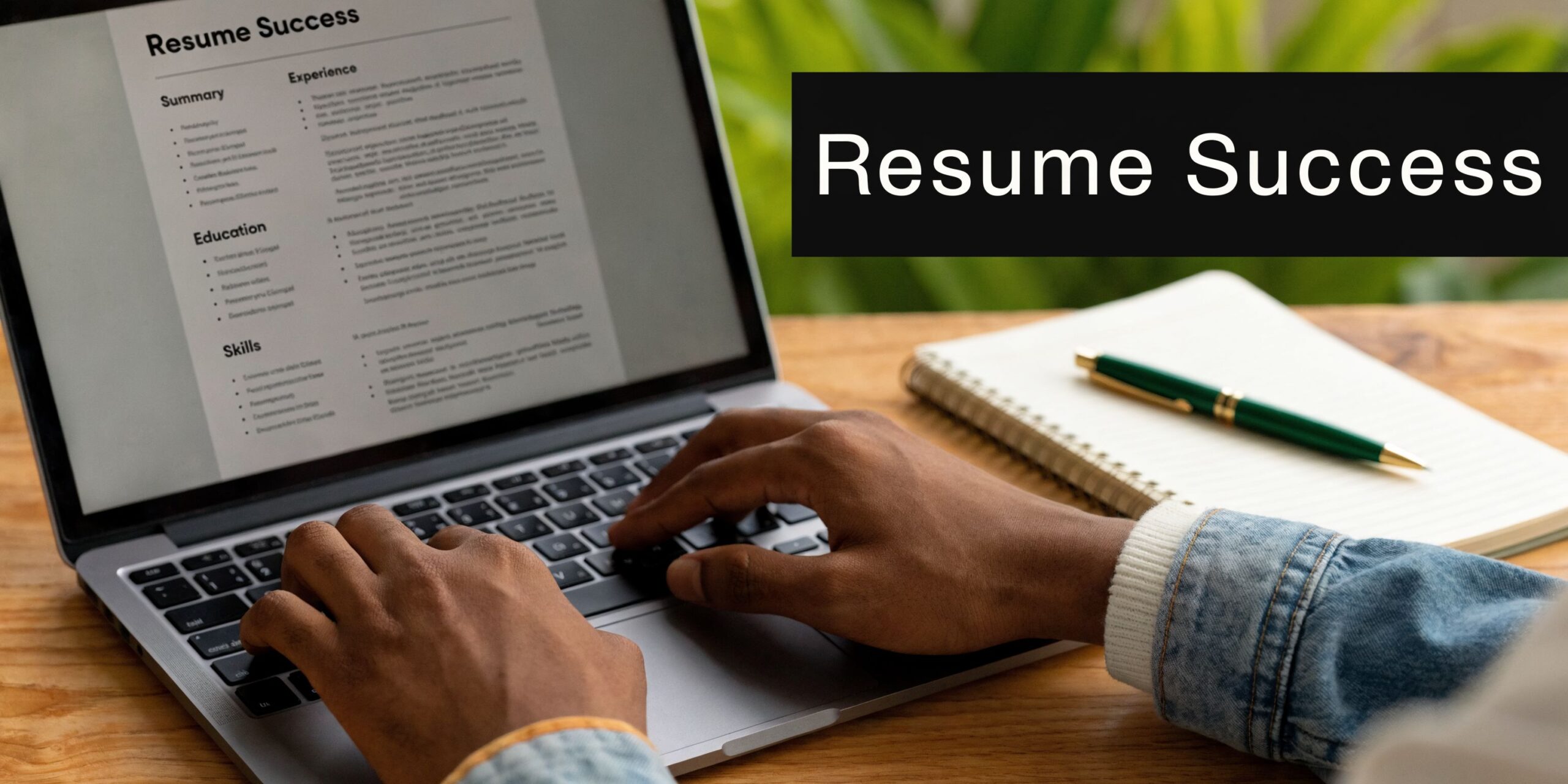 A person types on a laptop computer to work on a job resume, focusing on career development success.
