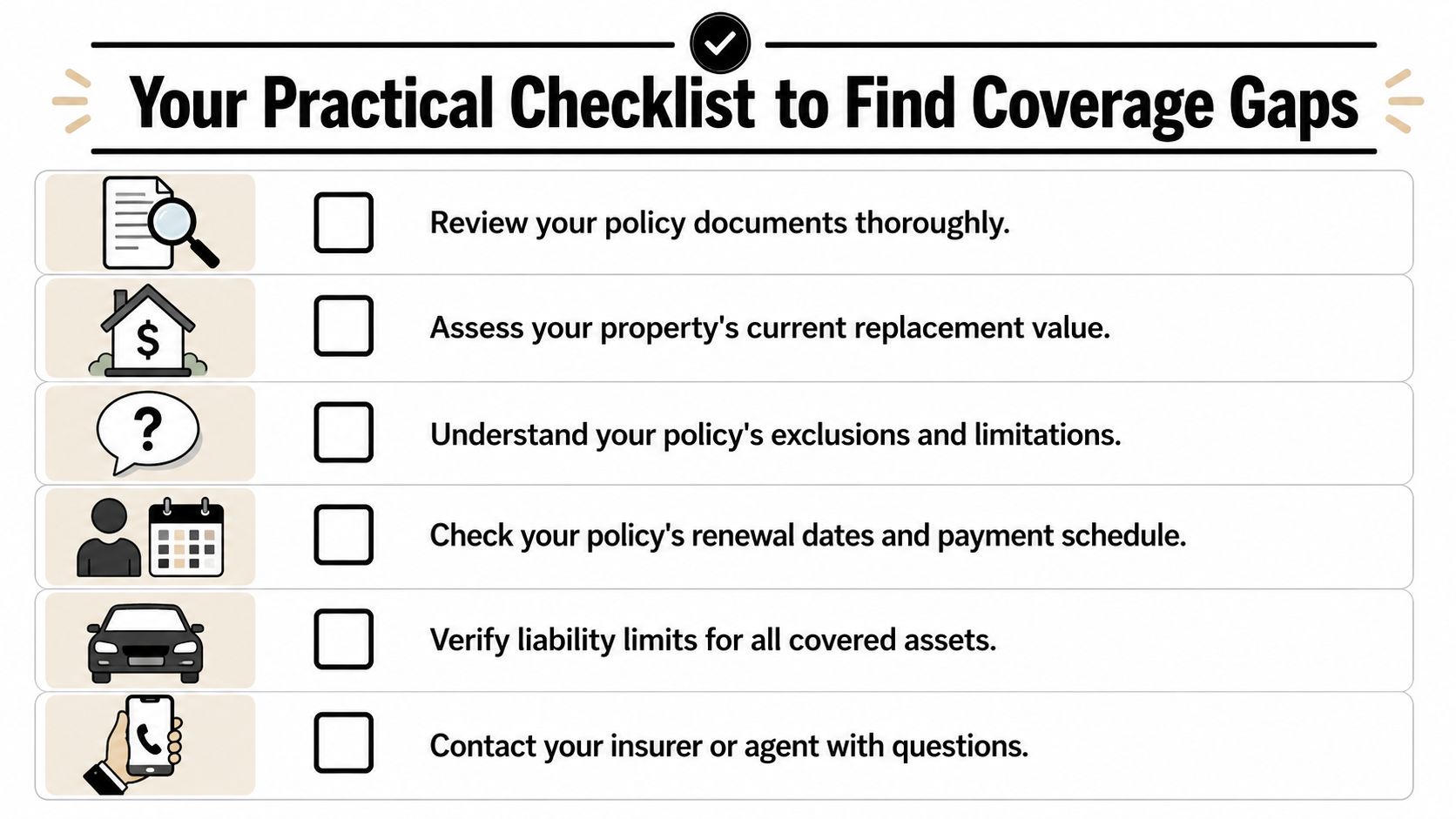 A checklist illustrating six practical steps to identify insurance coverage gaps for home and asset protection.