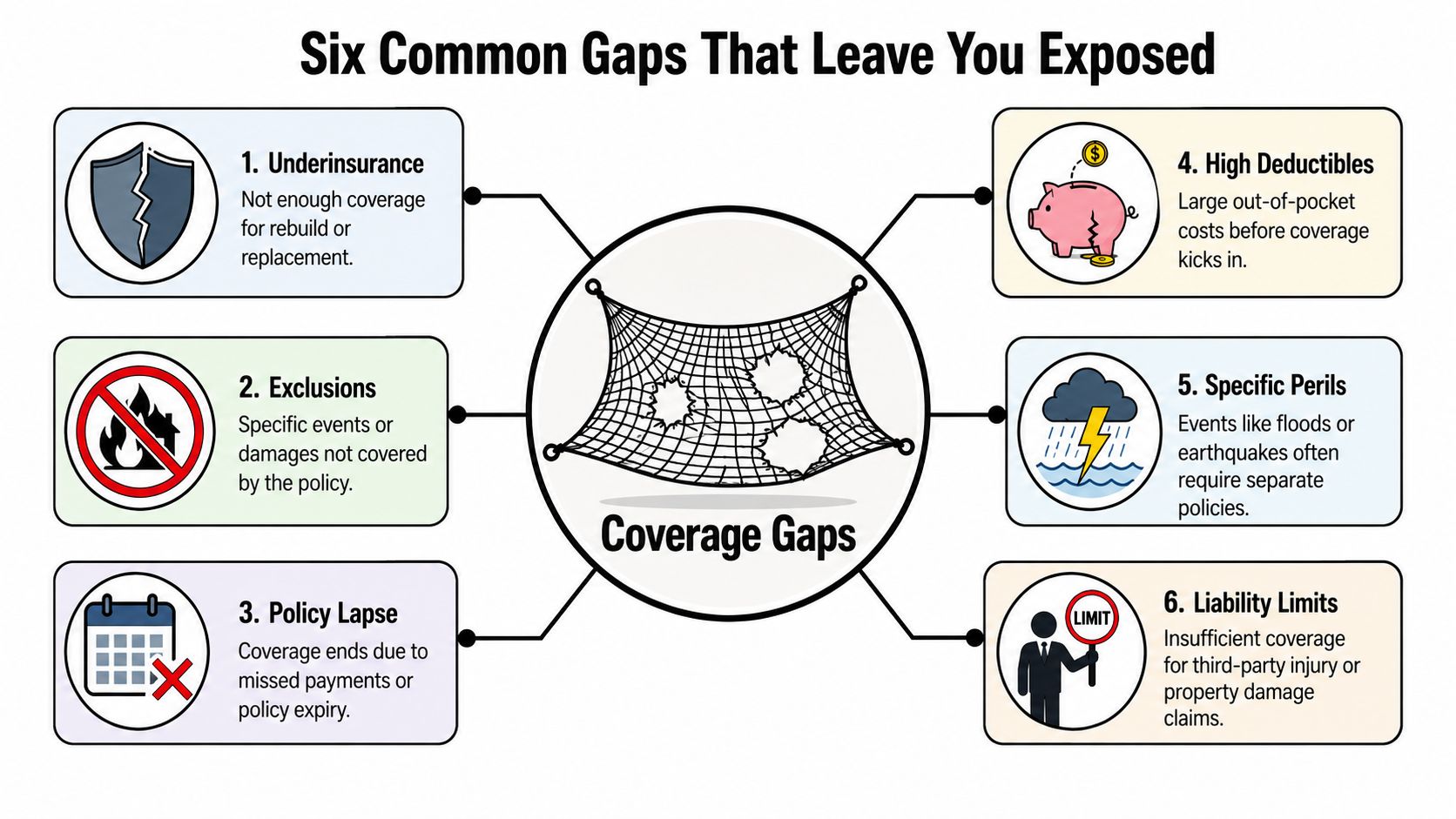 An infographic illustrating six common insurance coverage gaps that leave individuals financially exposed and unprotected.