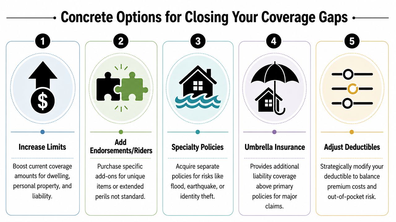 A diagram outlining five effective strategies to address and close potential insurance coverage gaps for homeowners.