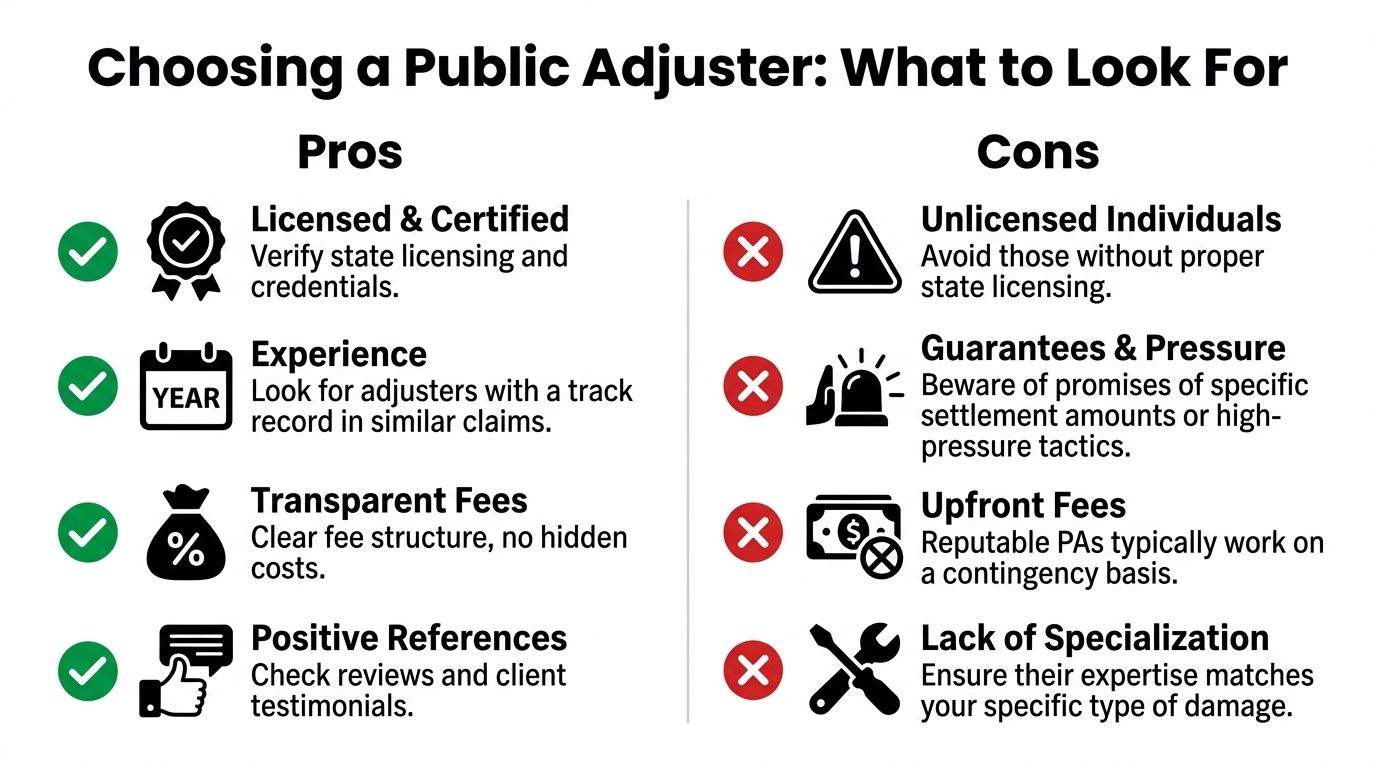 A comparison infographic detailing pros and cons for choosing a public adjuster, covering licensing, experience, fees, and references.