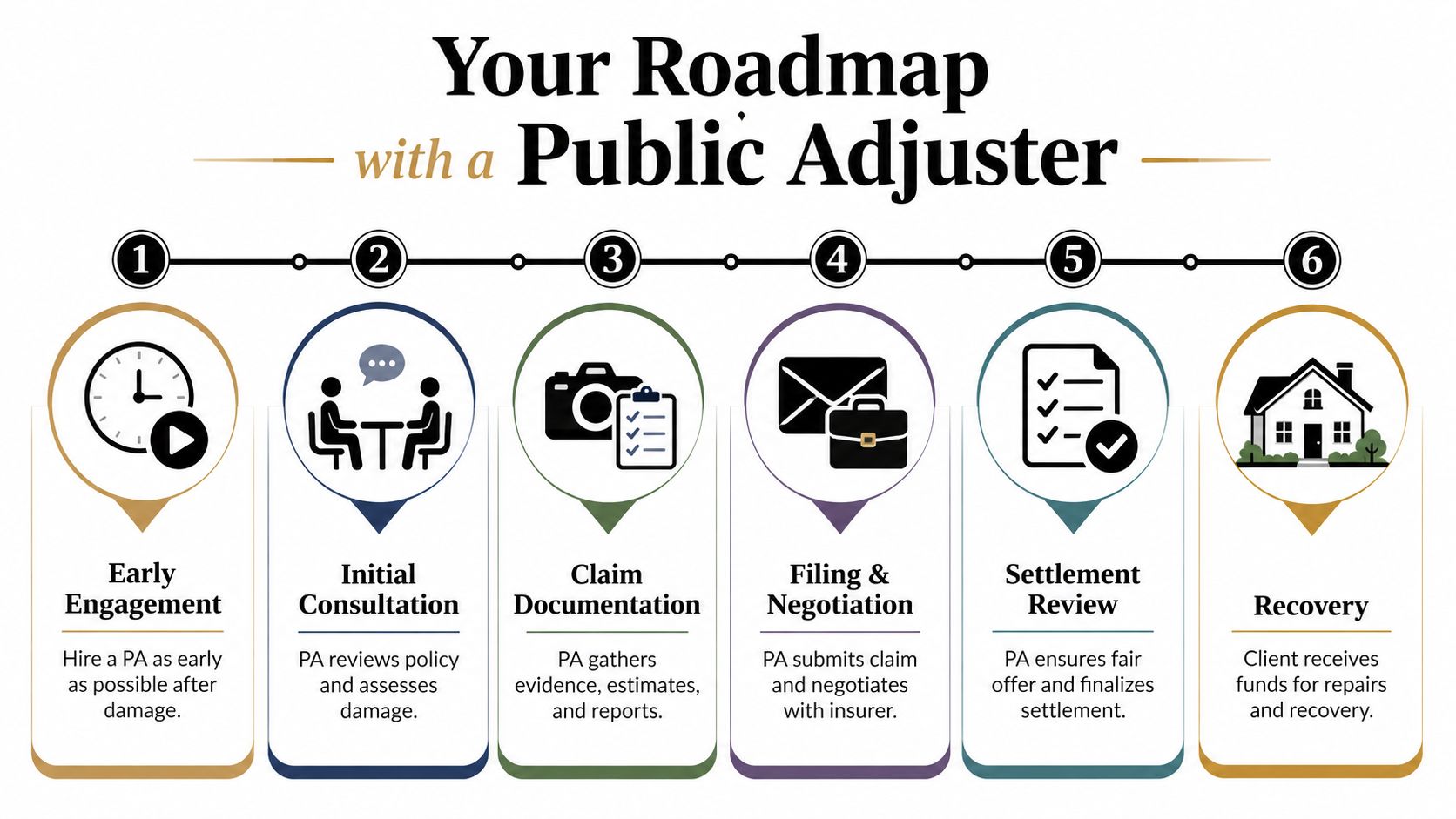 A six-step roadmap infographic explaining the insurance claim process when working with a public adjuster.