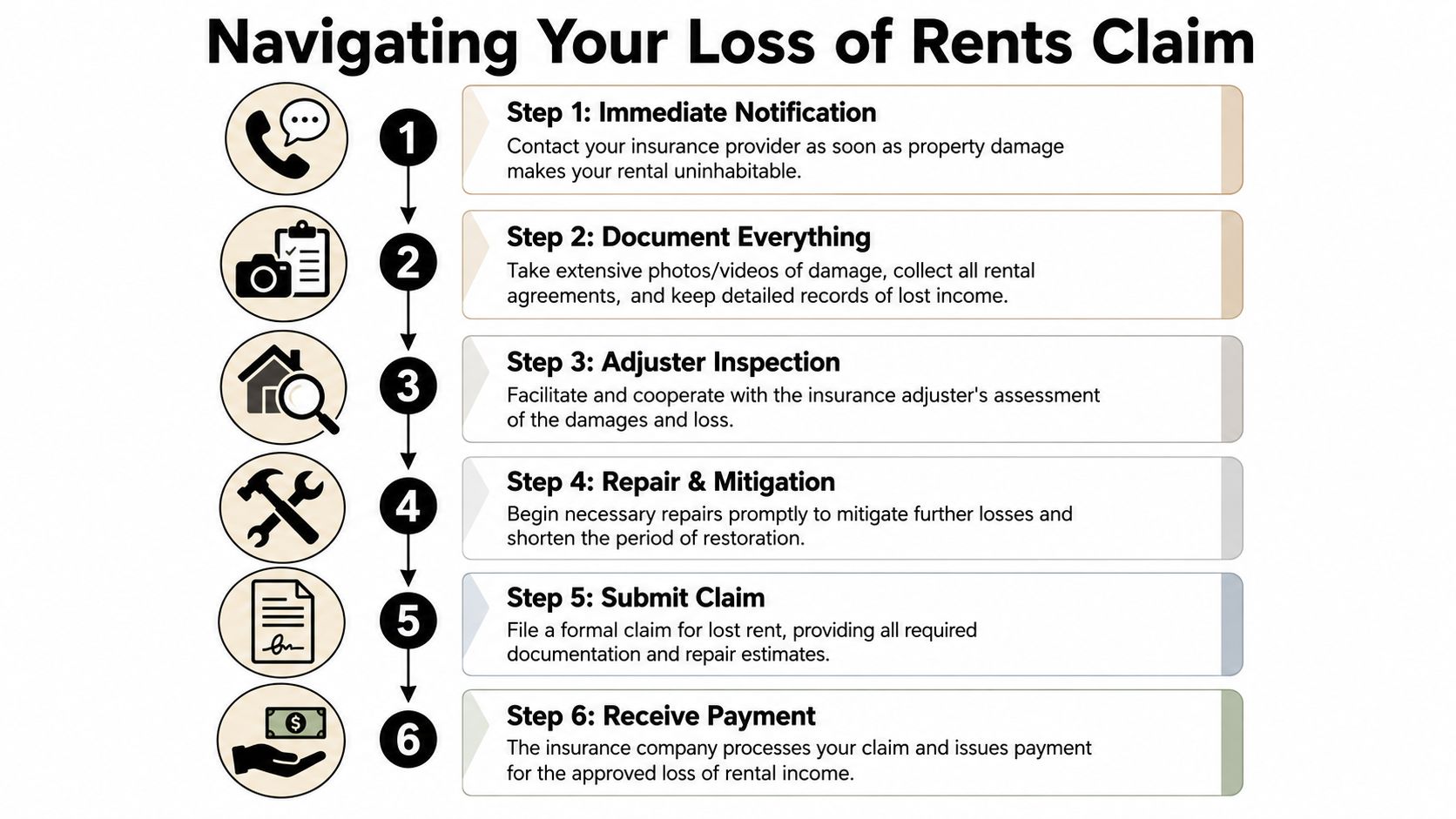 A six-step infographic guide on how to navigate the process of filing a loss of rents claim.