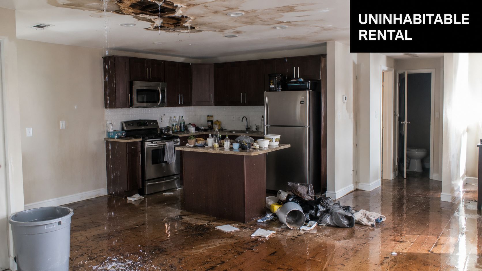 A kitchen in an uninhabitable rental property featuring water damage, a collapsed ceiling, and flooded floors.
