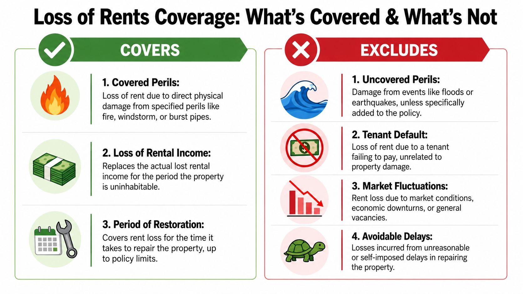 A detailed infographic explaining what is covered and excluded under Loss of Rents insurance policies.