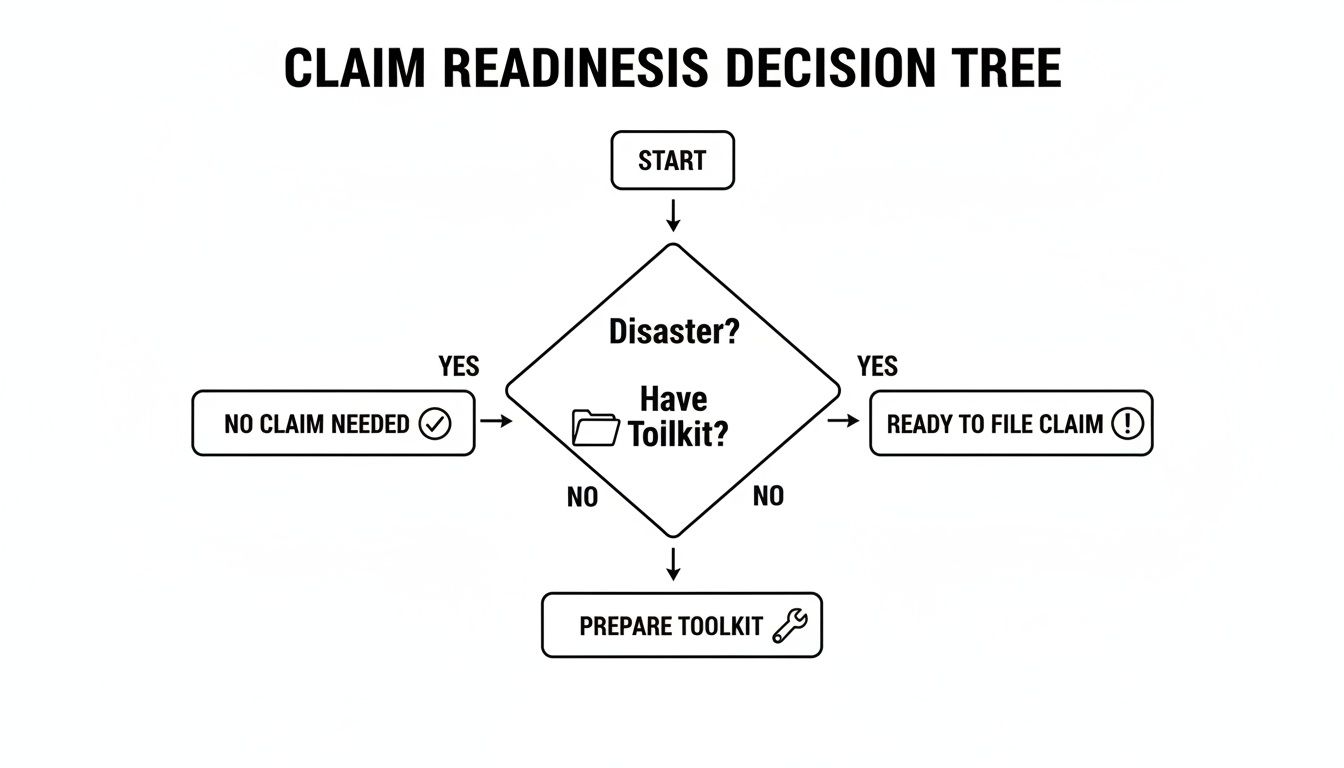Decision tree flowchart outlining steps for claim readiness, from disaster assessment to toolkit preparation.