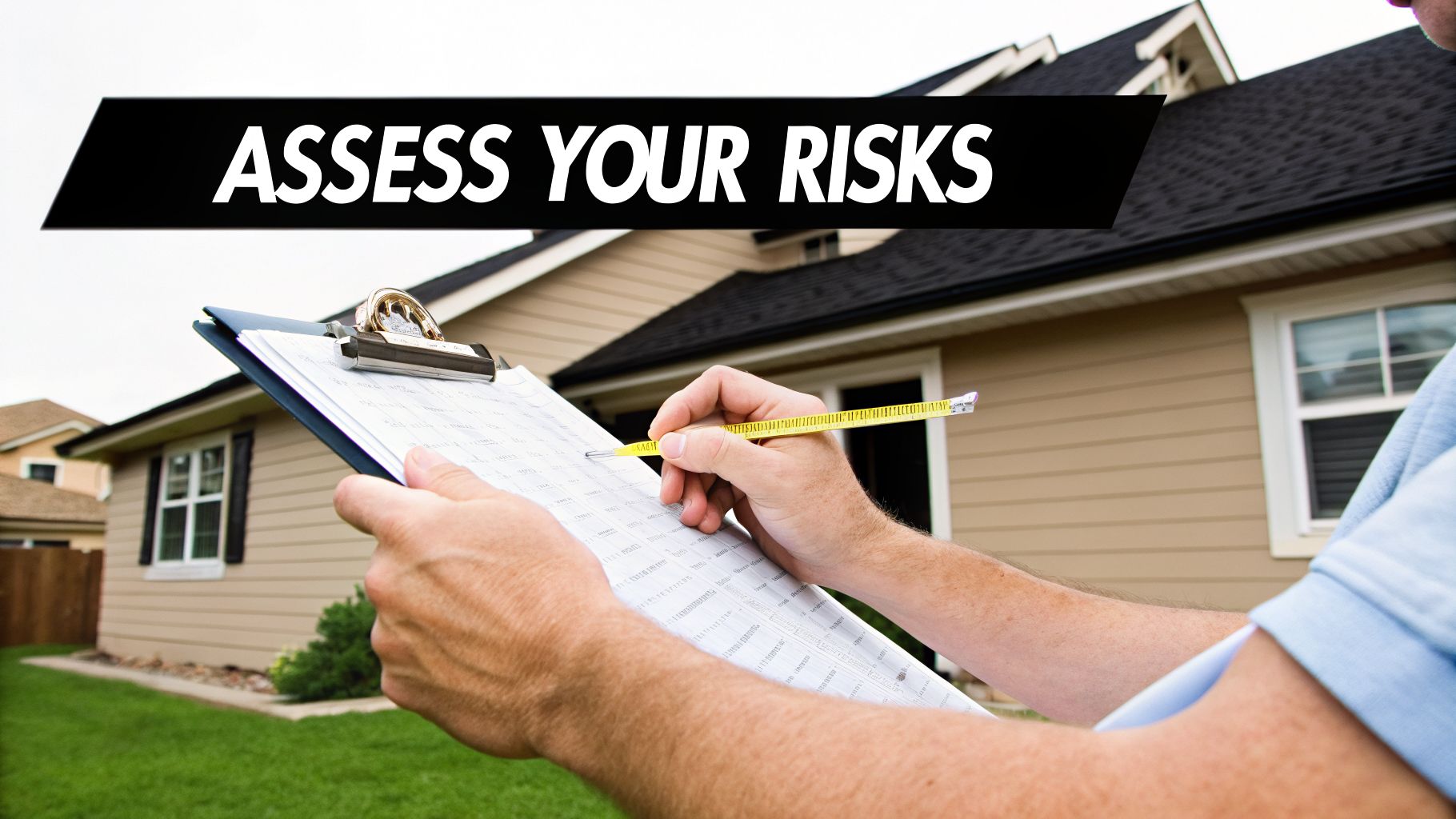 Person's hands holding a clipboard and pencil, assessing risks in front of a house.