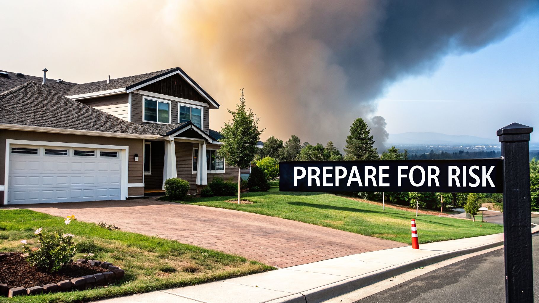 A house with a garage stands against a smoky, fire-affected sky, with a sign reading "PREPARE FOR RISK".