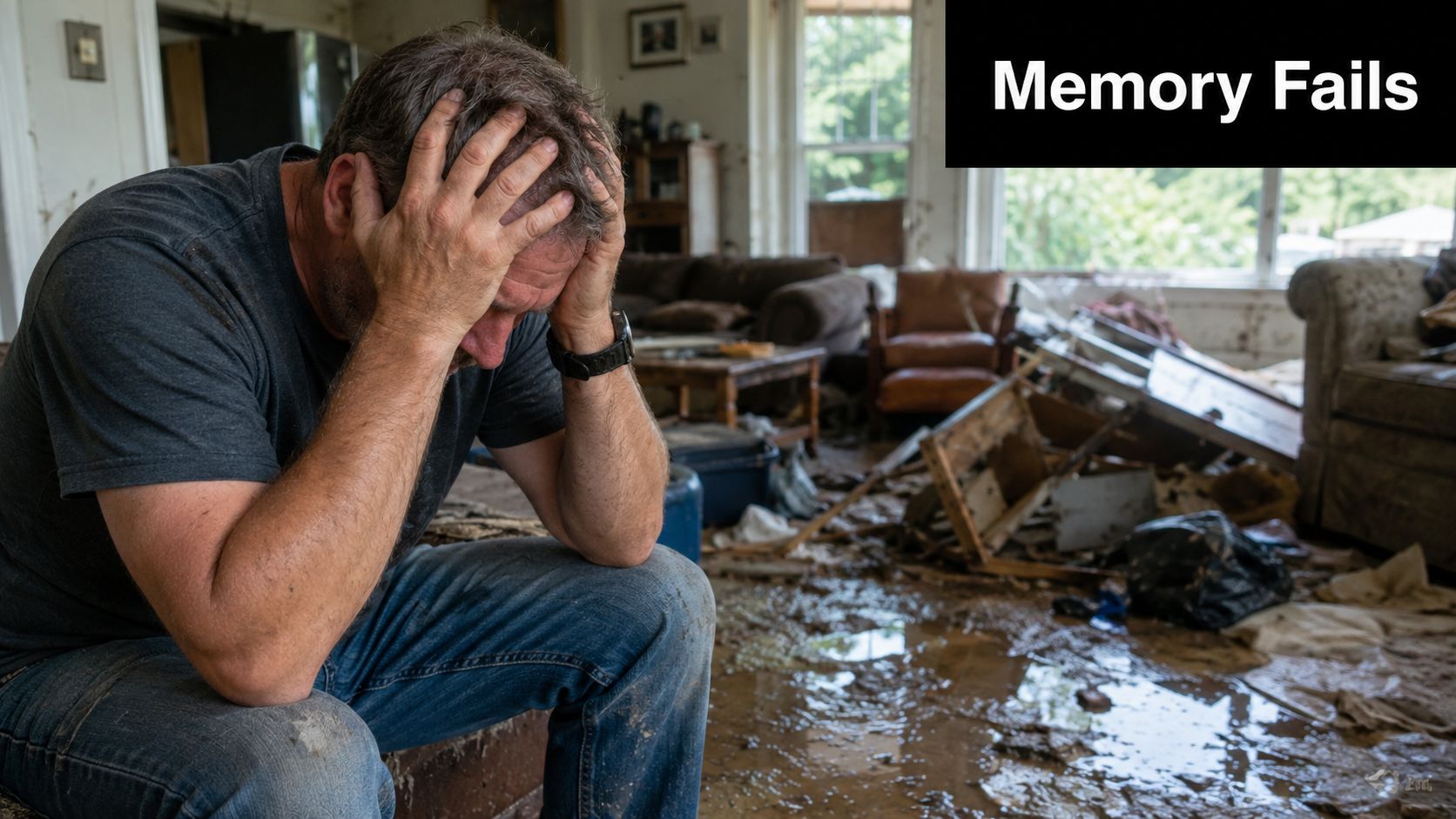 A distressed man sitting in a flood-damaged living room while holding his head in his hands.