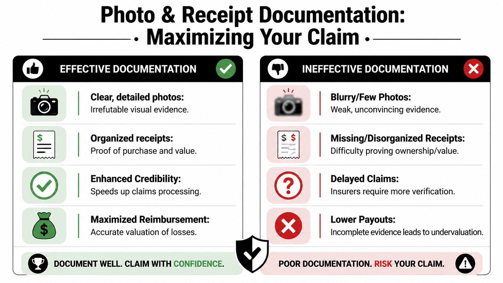 A comparison chart showing how effective and ineffective photo and receipt documentation impacts insurance claims and reimbursement.