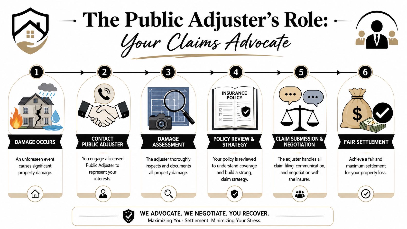 An infographic showing the six-step process of a public adjuster helping homeowners with property insurance claims.