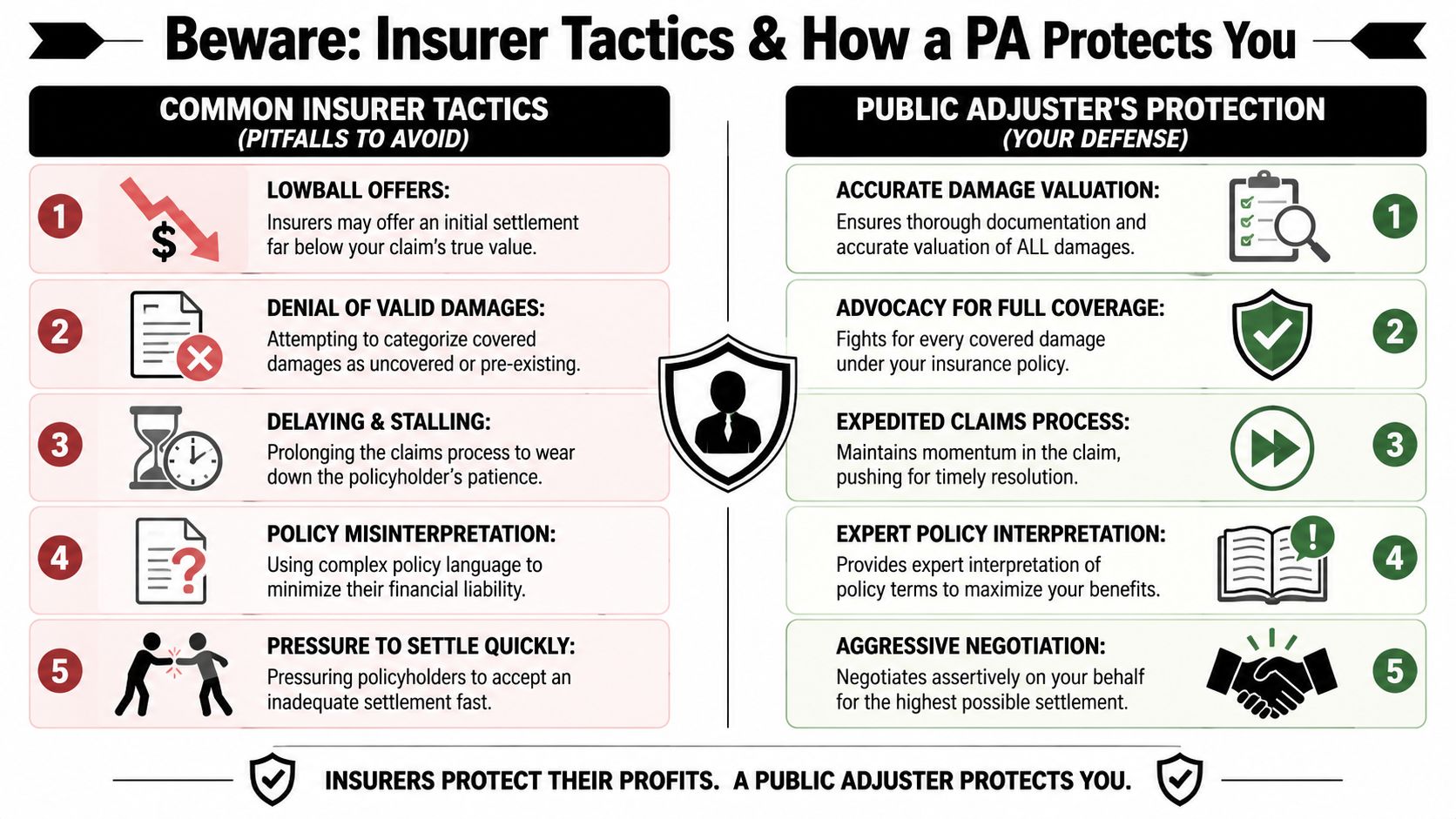 An infographic comparing common insurer tactics against public adjuster protections for insurance policyholders.