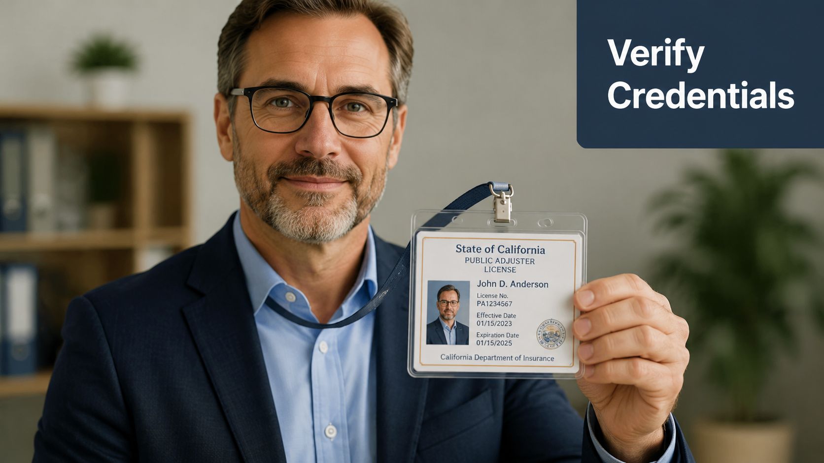 A professional man holding his State of California public adjuster license card for identification verification purposes.