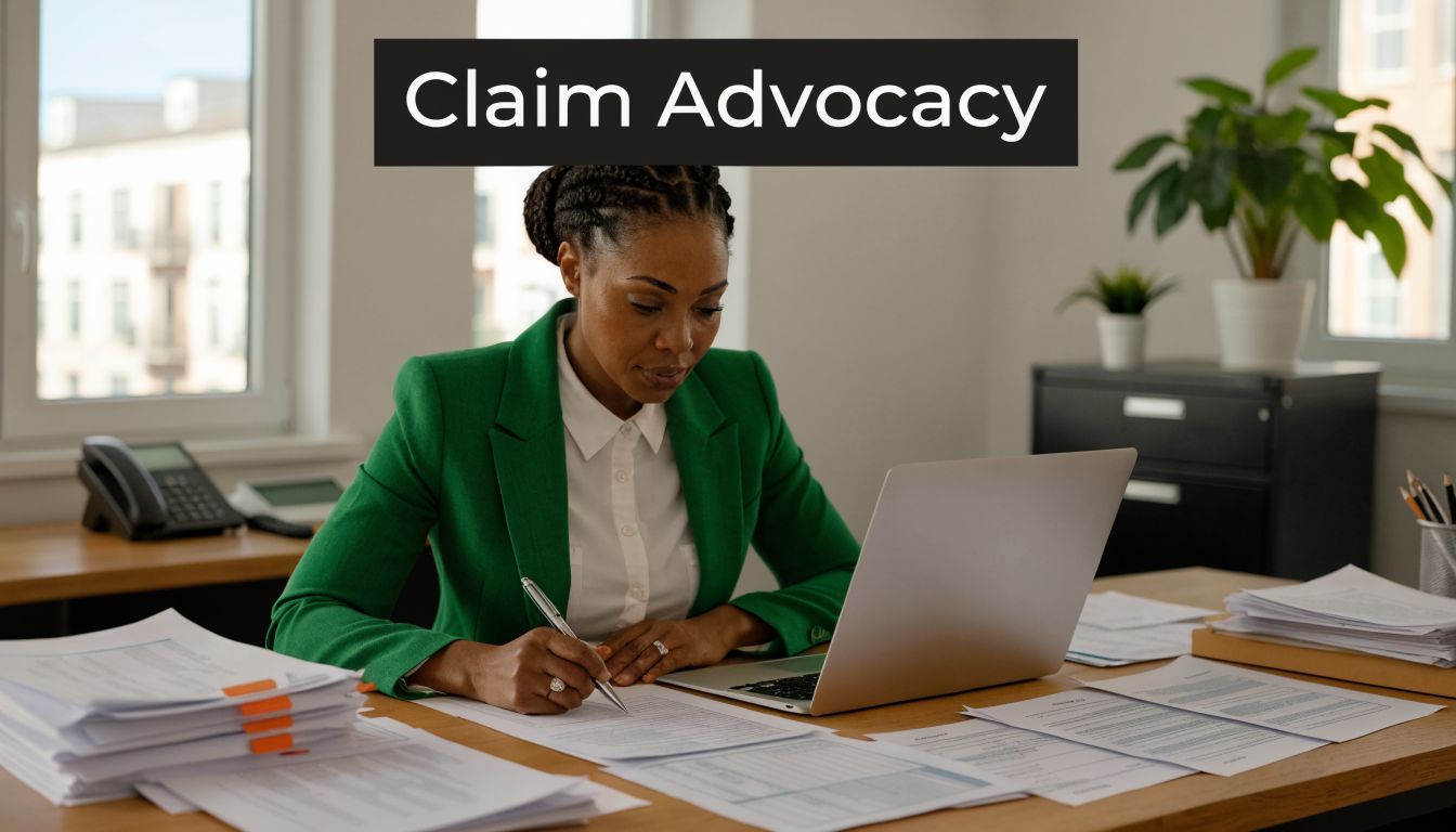 A professional woman in a green blazer reviewing documents while working at her office desk.