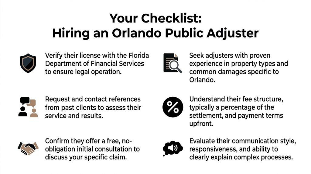 A checklist infographic outlining important steps for hiring a professional public adjuster in Orlando, Florida.