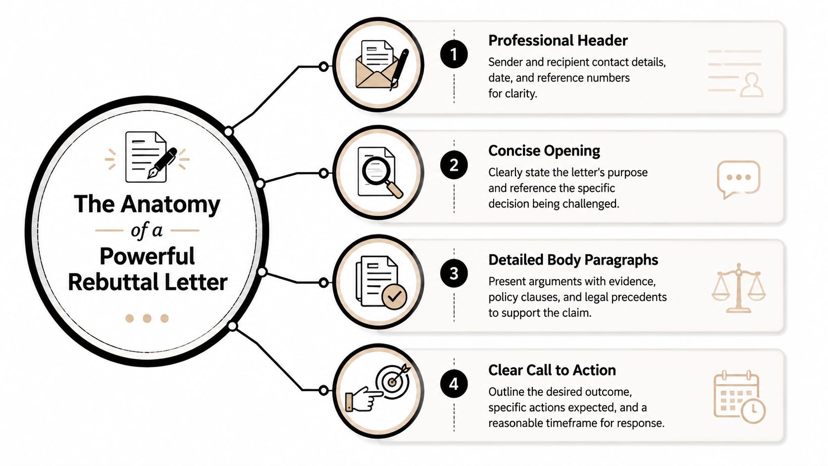 A diagram outlining the four essential components for writing an effective and powerful professional rebuttal letter.