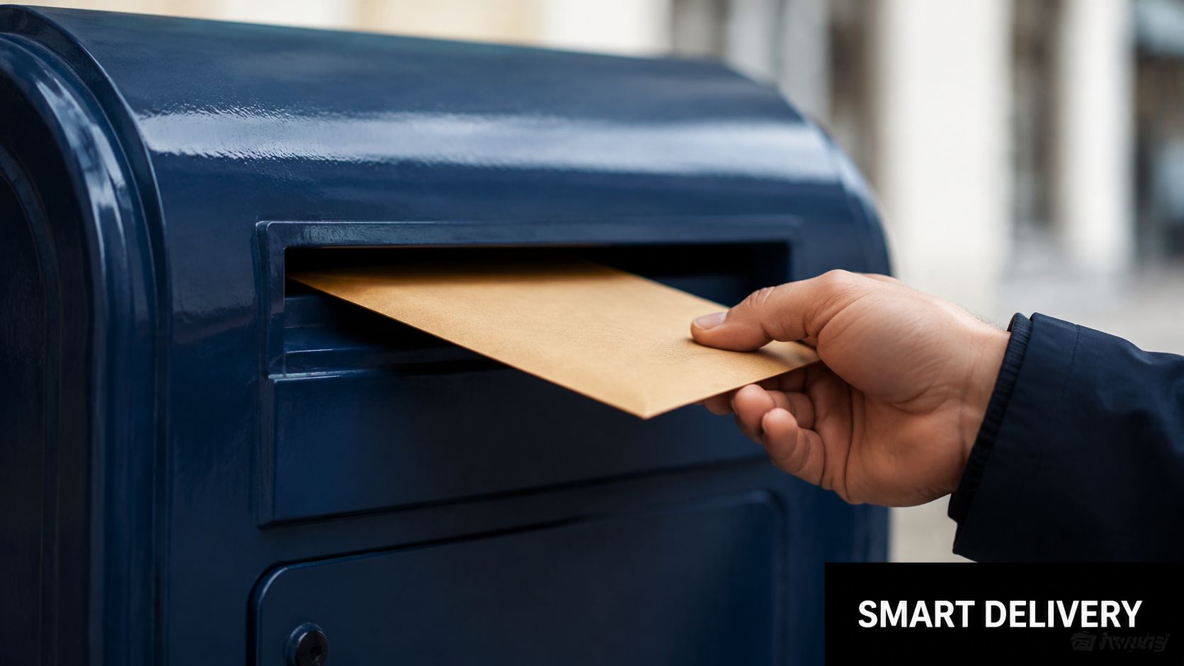 A close-up view of a person hand inserting a brown envelope into a blue metal mailbox