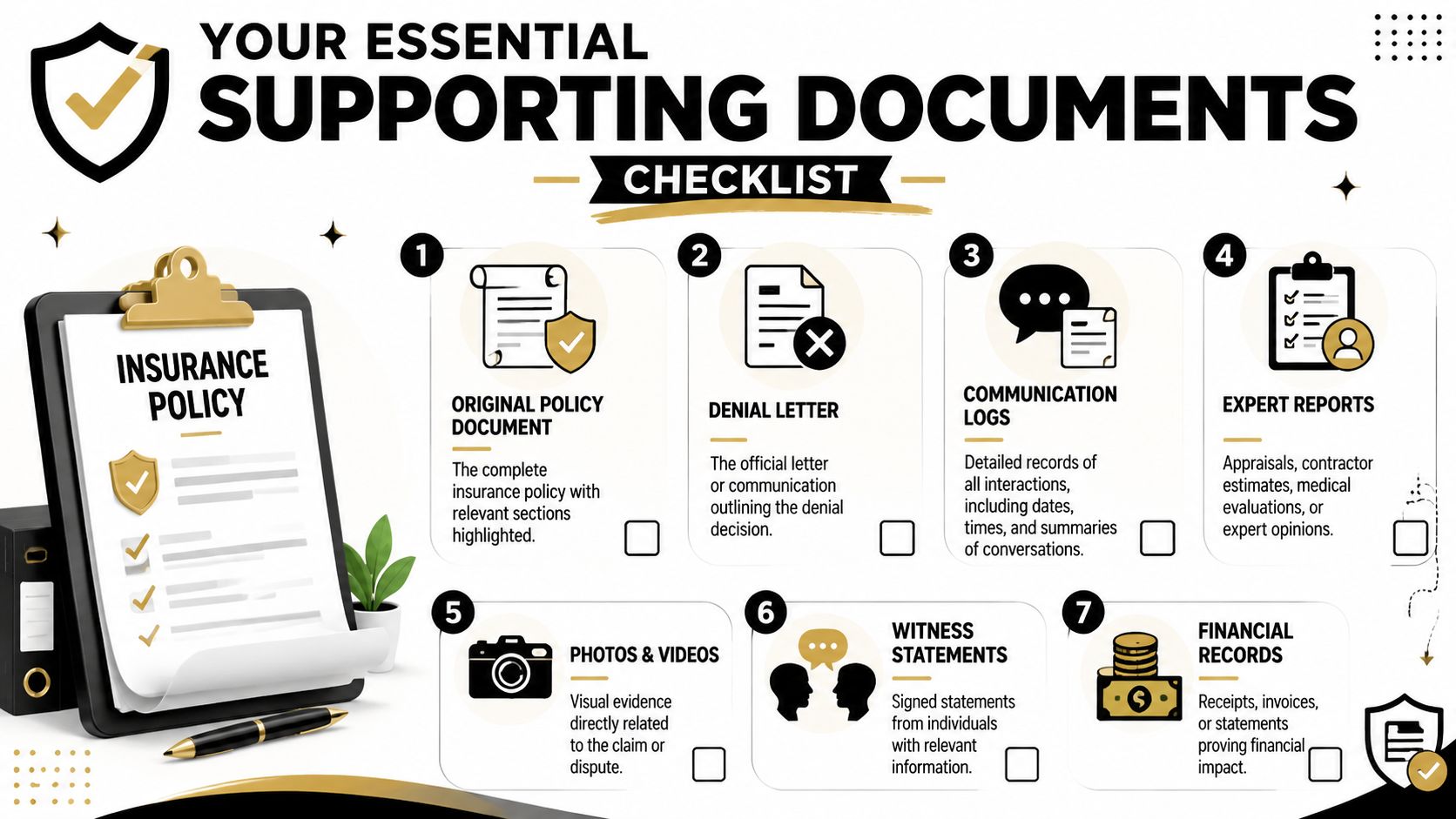 A helpful checklist infographic displaying the seven essential documents needed for an insurance dispute or claim.