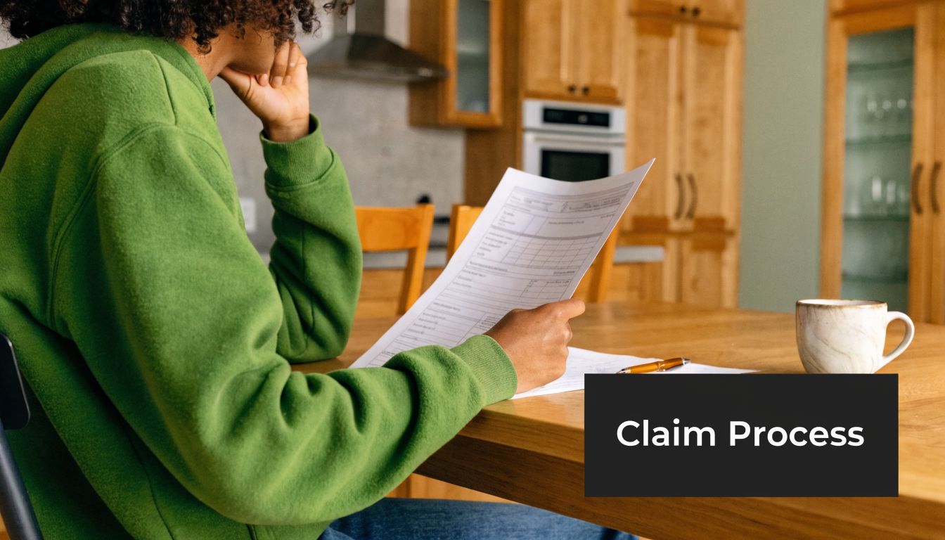 A person in a green hoodie sits at a table reviewing insurance claim documents in a kitchen.