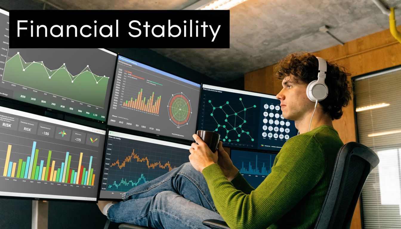 A young professional analyzing complex financial data charts on multiple computer screens while holding a coffee cup.
