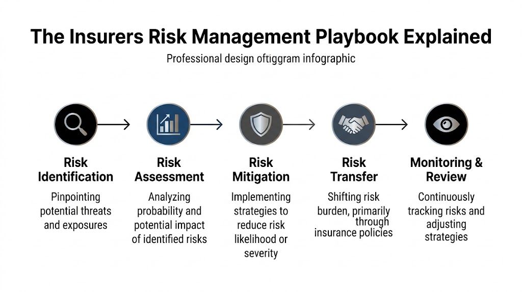 A diagram illustrating the five key steps of an insurer's risk management playbook, from identification to review.
