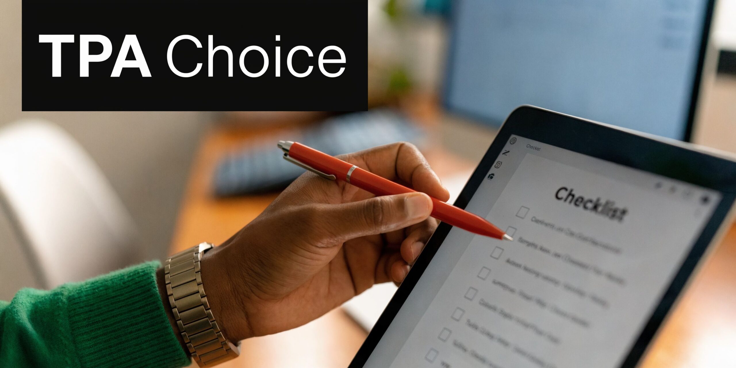 A professional checking off boxes on a digital checklist on a tablet screen using a red pen.