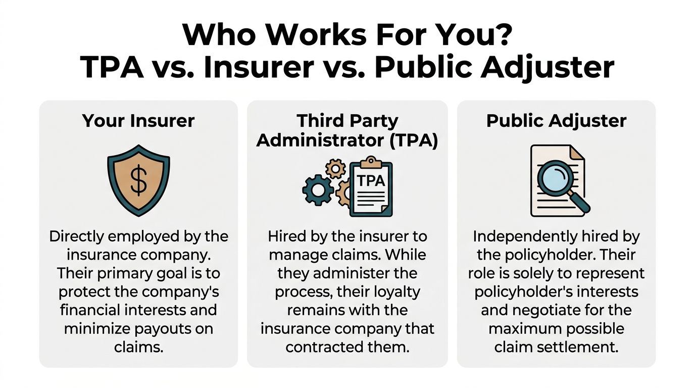 A chart comparing the roles of an insurance company, a third party administrator, and a public adjuster.