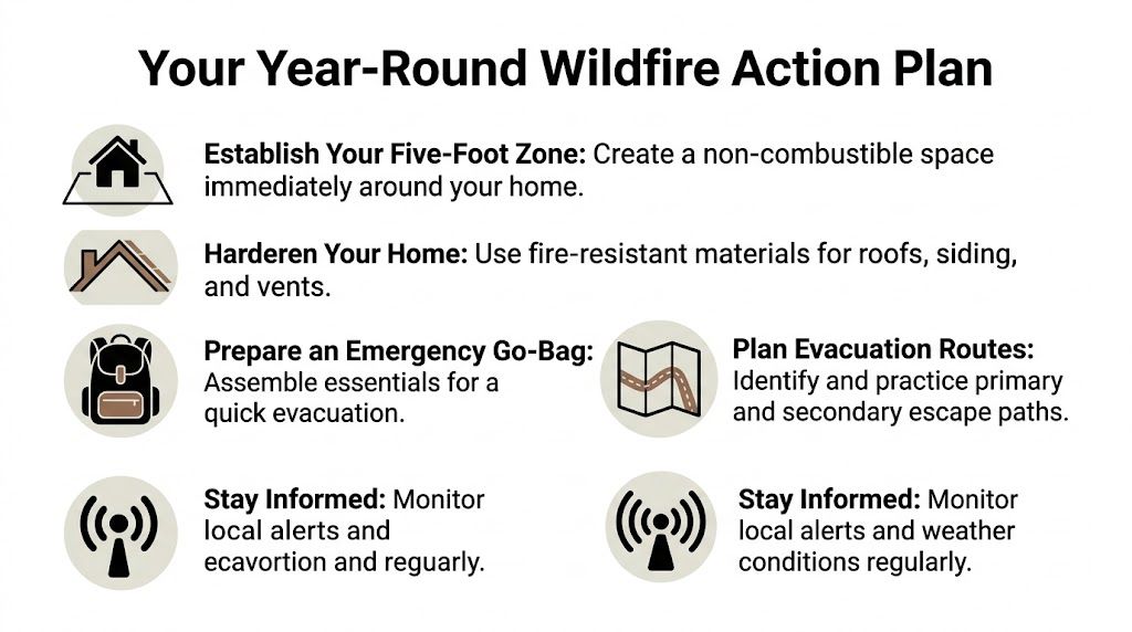 A visual guide illustrating a year-round wildfire action plan for home preparation and safety preparedness.