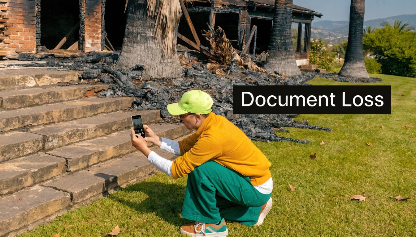 A person in a yellow shirt and green pants photographs fire damage to a home exterior.