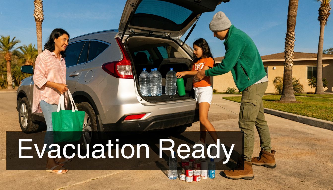 A family packing their car with water bottles and supplies to prepare for a potential emergency evacuation.