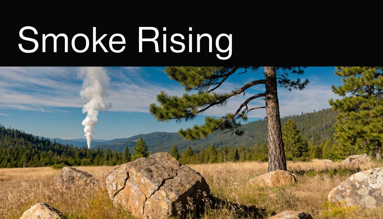 A scenic landscape featuring large boulders in a grassy field with a column of smoke rising nearby.