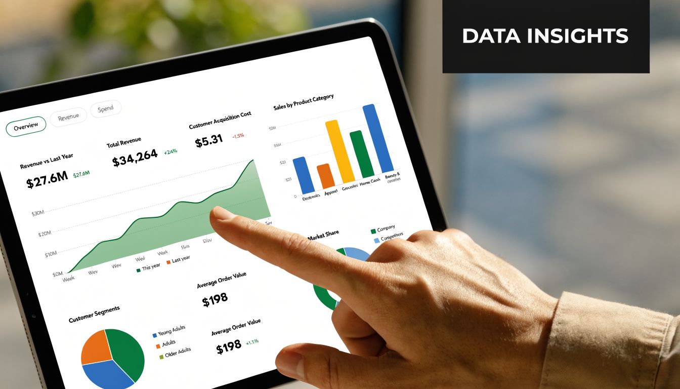 A professional analyzing business performance metrics and data visualizations on a laptop screen for insights.