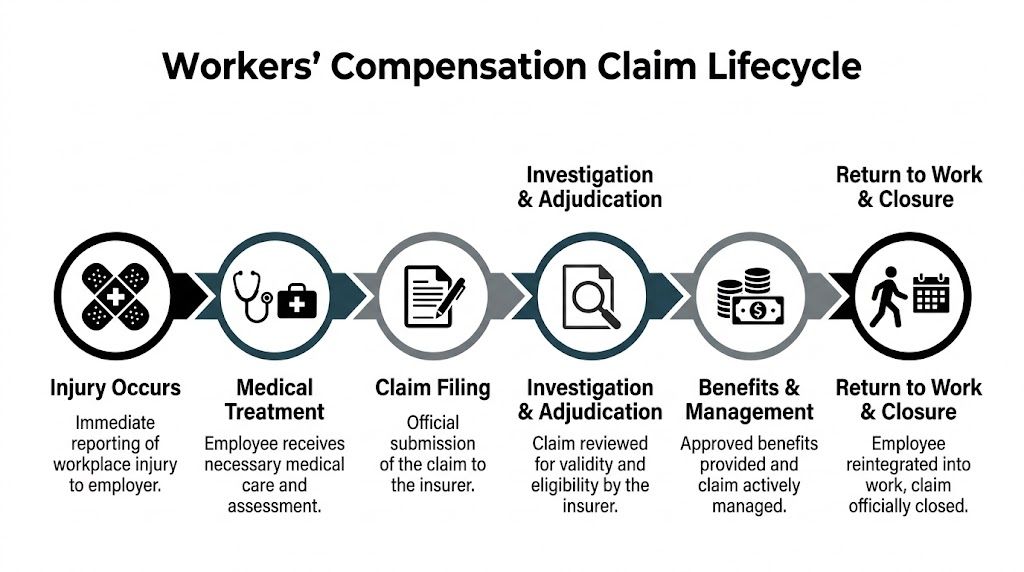 A flowchart showing the six-step workers compensation claim lifecycle from injury to return to work.