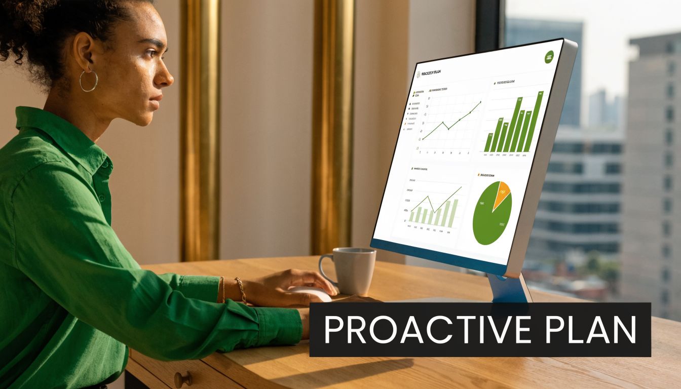 A professional woman in a green shirt analyzing business performance data on a computer monitor at her desk.
