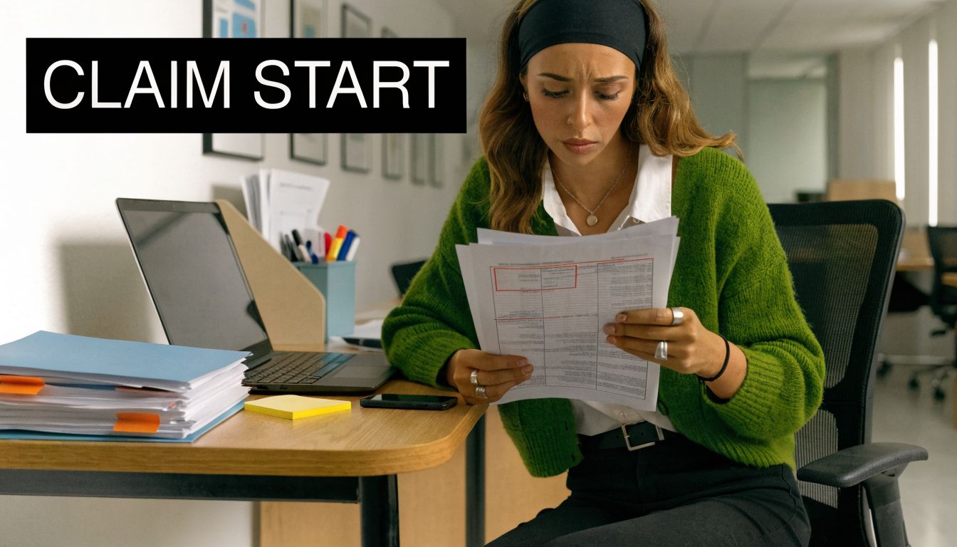 A concerned woman in a green sweater reviewing official insurance claim documents at her office desk.