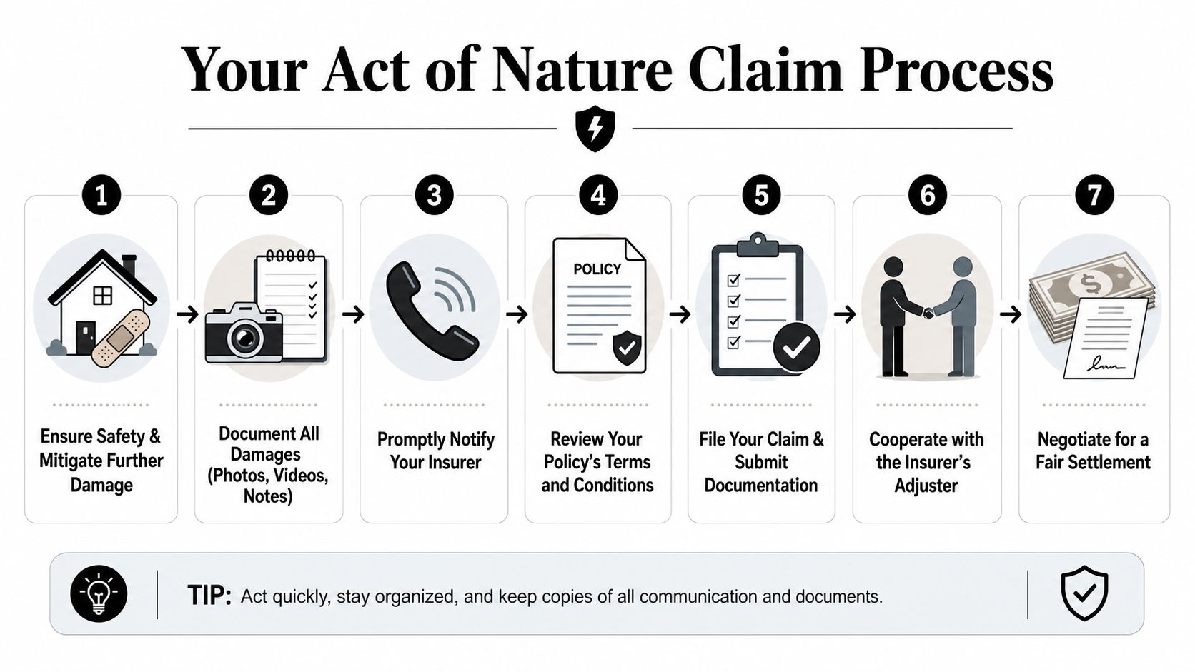 A 7-step infographic explaining the step-by-step process for filing an insurance claim after an act of nature.