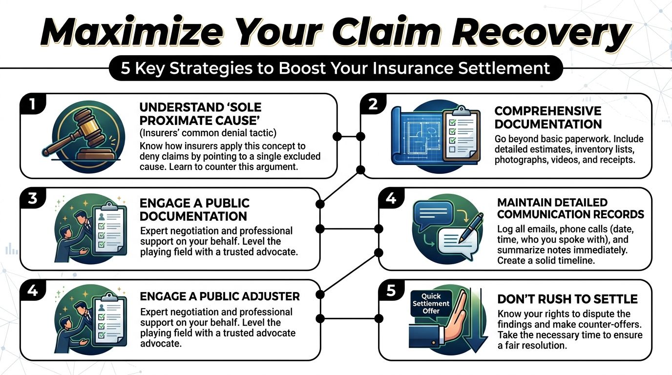 An infographic detailing five key strategies for maximizing insurance claim settlements, including documentation and professional support.