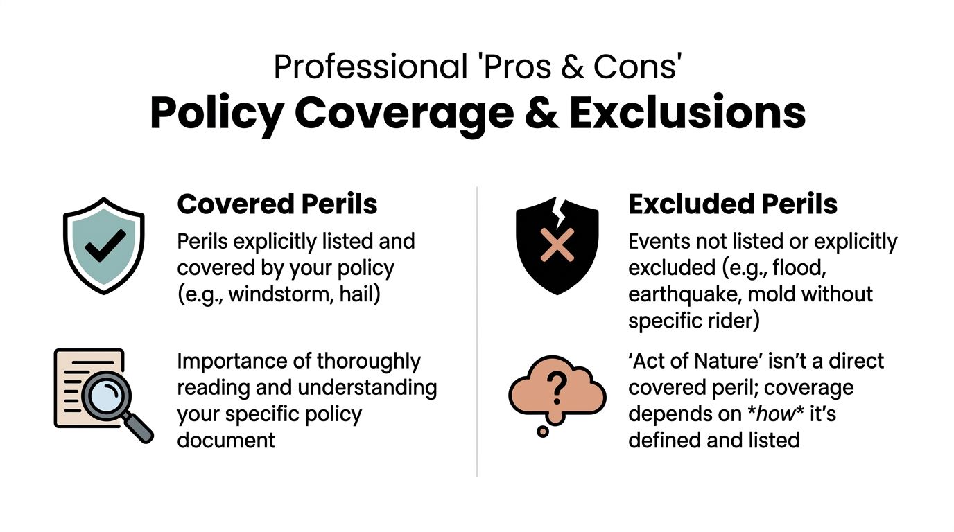 A professional infographic comparing covered perils versus excluded perils for insurance policy coverage and definitions.
