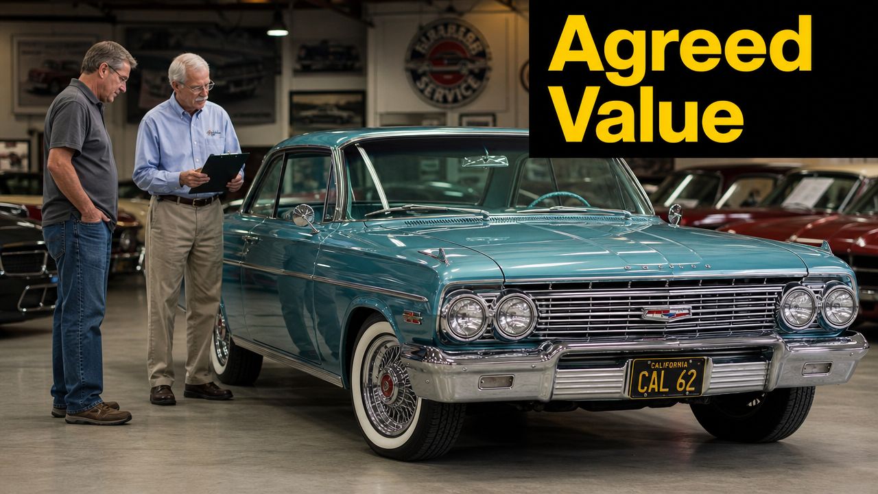 An insurance professional inspects a vintage teal Chevrolet Impala with its owner at a garage setting.