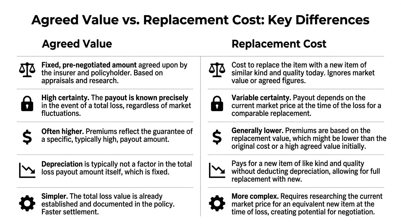 A comparison chart outlining the key differences between agreed value and replacement cost insurance policies.