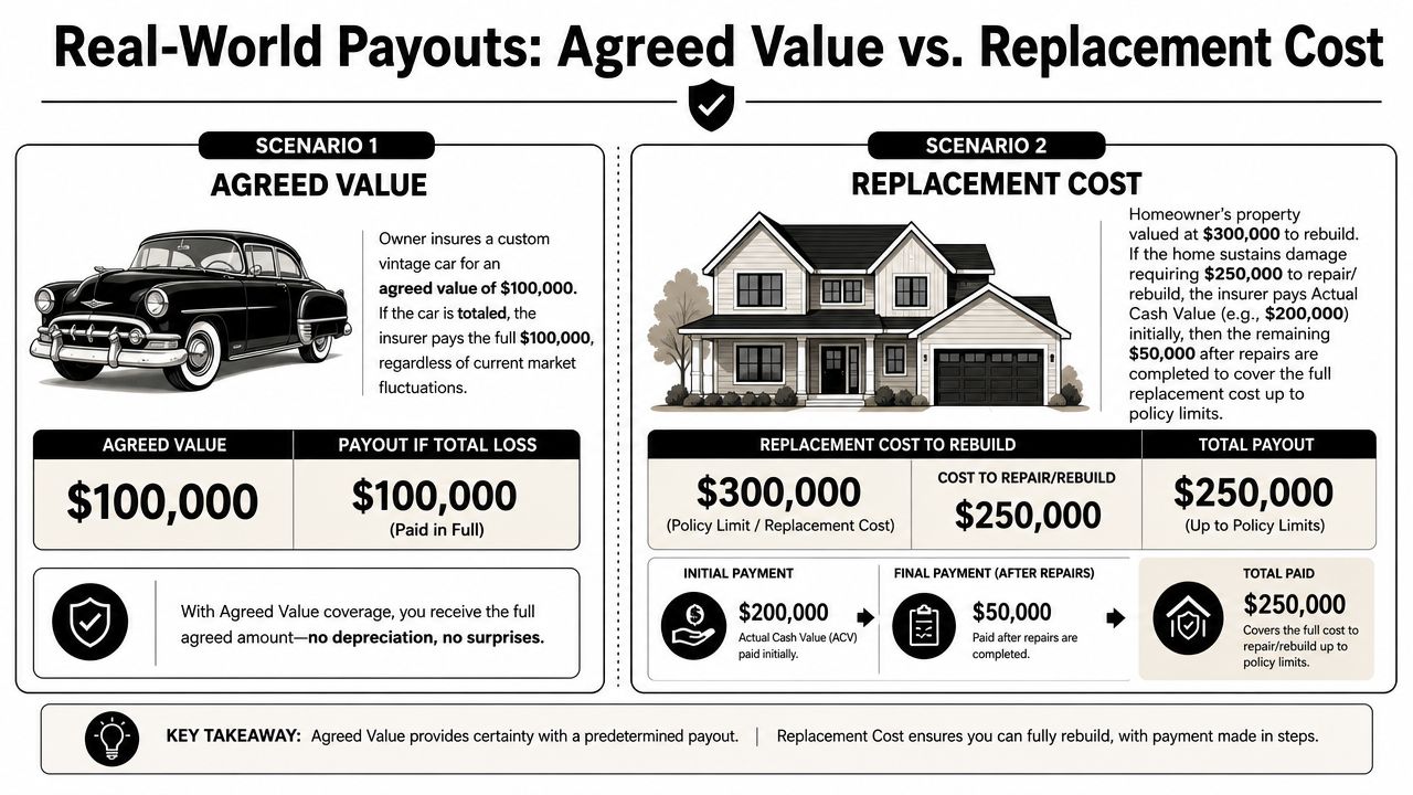 An infographic comparing agreed value insurance for a vintage car versus replacement cost coverage for a house.