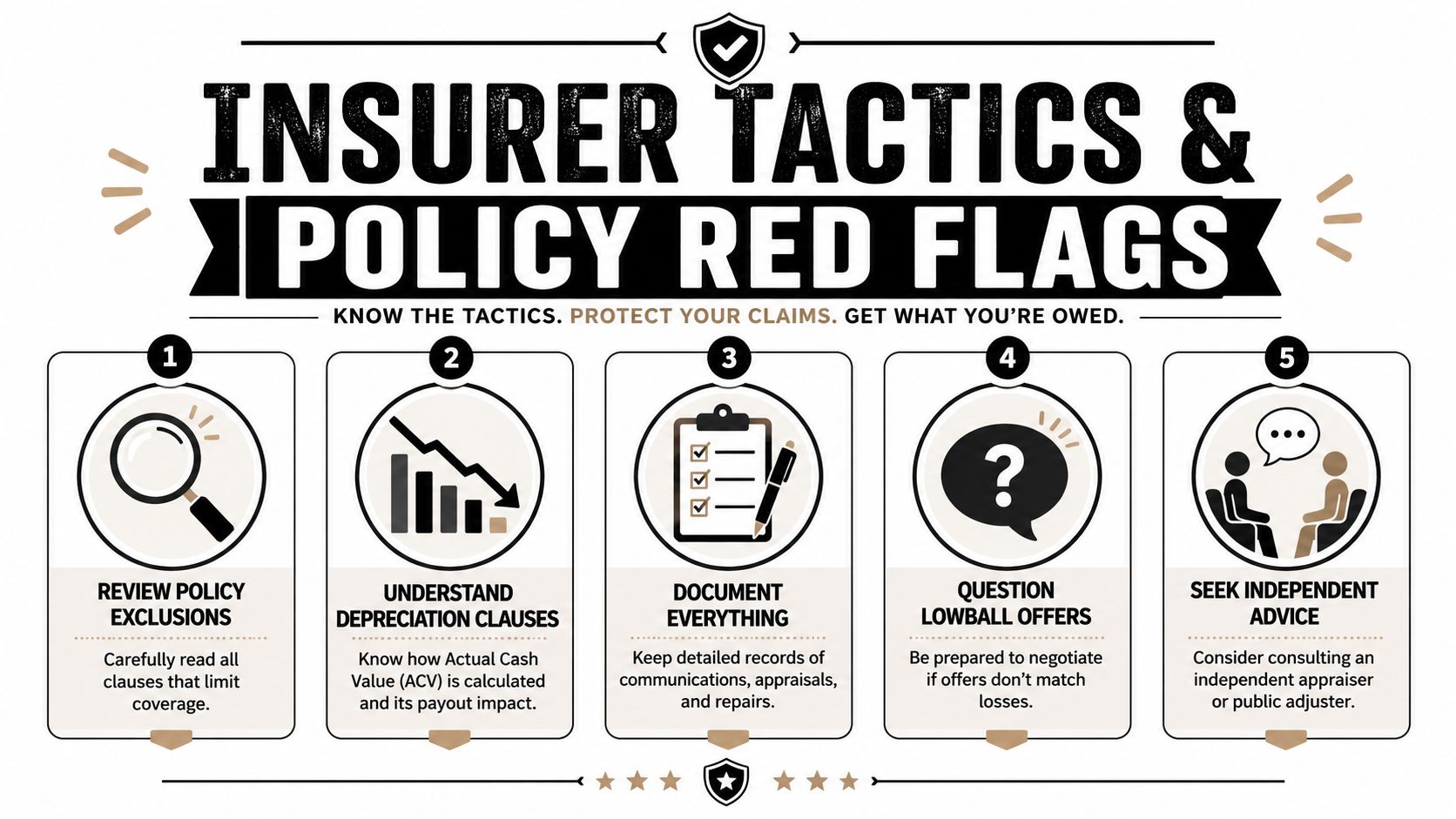 A five-step guide on how to protect insurance claims by identifying common insurer tactics and red flags.