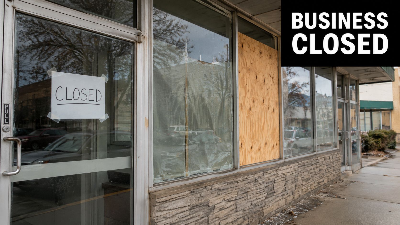 A permanently closed storefront with a hand-written sign on the door and boarded up windows.