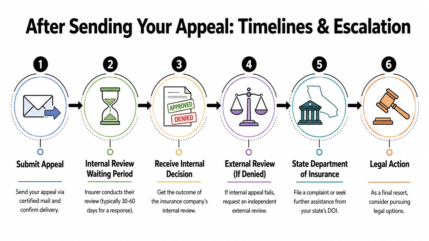 A six-step infographic illustrating the process and timeline for escalating a health insurance claim denial appeal.