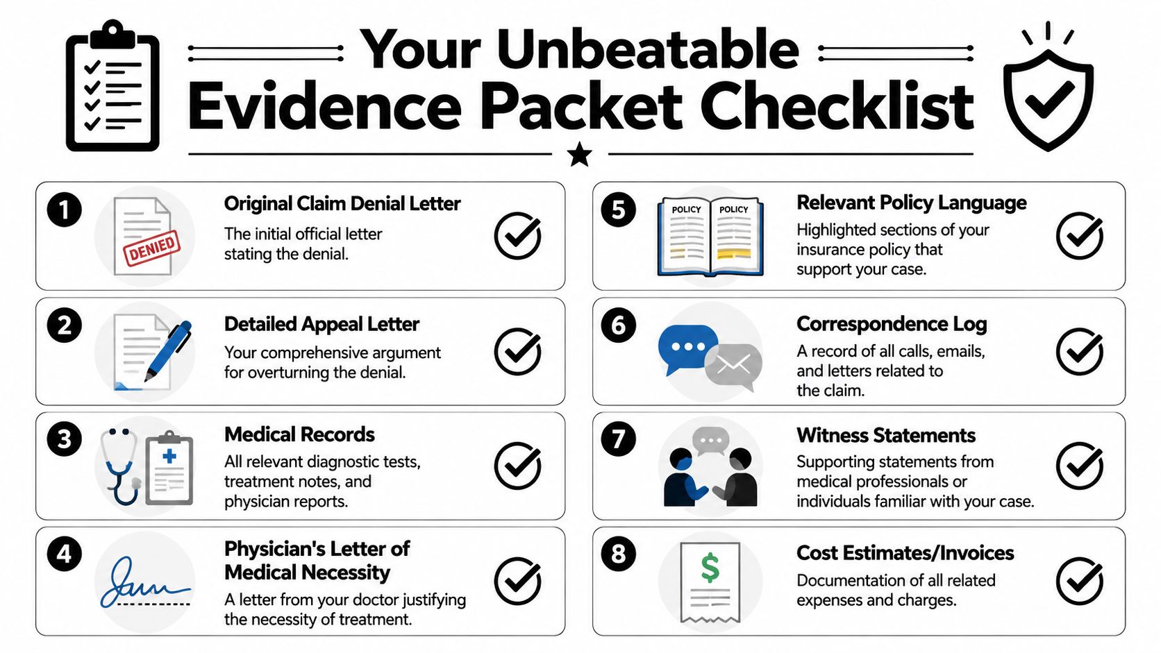 An infographic checklist for compiling an evidence packet to appeal a medical insurance claim denial.