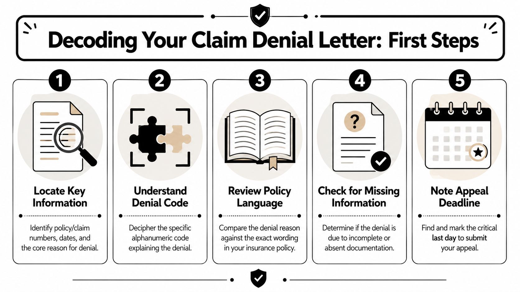 An infographic titled Decoding Your Claim Denial Letter showing five essential steps to manage insurance denials.
