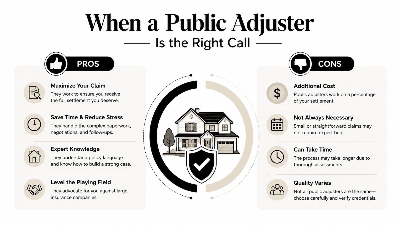 An infographic comparing the pros and cons of hiring a public adjuster for insurance claims.